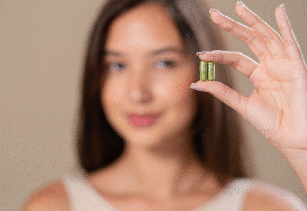 Woman in her 40s-50s looking energetic, holding a vitamin bottle or supplement